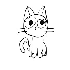 Drawing of a cute cartoon cat with big eyes and a surprised expression, sitting on a plain background, showcasing simple lines and playful design features. Coloring book