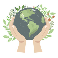Hands supporting the globe with an Earth map surrounded by greenery, symbolizing care for the environment and nature of planet