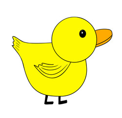 Yellow cartoon duck standing with a cute expression, ready for playful adventures in a colorful world filled with fun
