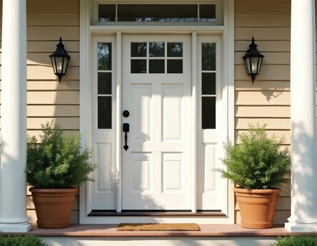 White front door with sidelights and transom window. Potted plants on porch with black lanterns. Beige siding and white columns. Welcome mat on entrance. Home exterior with modern design.