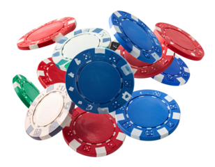 Colorful Poker Chips Floating in Mid-Air Isolated on Transparent Background.