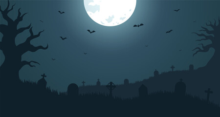Halloween background on a full moon night, with a graveyard and flying bats. Silhouette of trees and grass. Designs for Halloween with an blue background. Vector illustration.