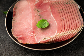 Ham spam pork prosciutto cotto natural product tasty snack fresh delicious gourmet food background on the table rustic top view copy space