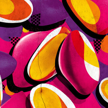 A vibrant, abstract illustration of a variety of colorful fruits and vegetables with bold outlines and contrasting colors on a textured background