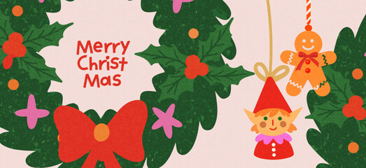 Merry Christmas and Happy New Year greeting card or banner. Modern beautiful Xmas design with typography, Christmas tree branches, balls and toys. Art poster, cover, decor templates