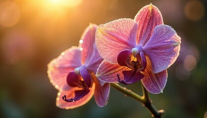 Obraz na płótnie Canvas Macro shot presents pink orchid with water drops on petals. Floral close up view show exotic flower with vibrant color during sunset sunrise light. Blooming plant detail shines.