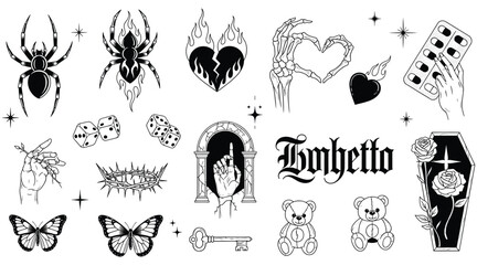 Vector art of a collection of edgy and gothicinspired tattoo designs featuring spiders, broken hearts, skeletons, and other dark motifs, perfect for alternative art