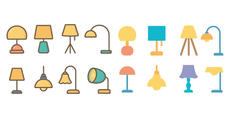 Home lighting and lamp icons set - flat, stylish decor and interior design symbols