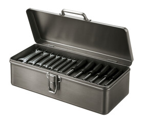 A metal toolbox with a latch lid for organizing tools in a garage.