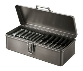 A metal toolbox with a latch lid for organizing tools in a garage.