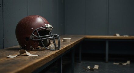 Maroon Football Helmet on Wooden Bench in Locker Room, Moody Lighting.