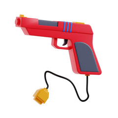 Red Plastic Toy Gun with Yellow Trigger Accessory and Black Cord on Transparent Background