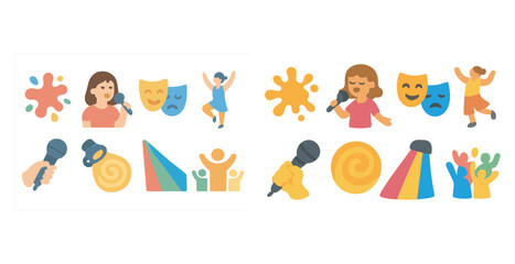 Performing arts flat icons set – theater, dance, creative expression symbols