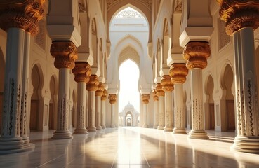Hallway in mosque with pillars, arches. Light illuminates mosque floor. Golden decorated pillars with floral ornaments. Islamic design concept. Travel destination, cultural heritage. Religious