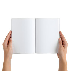 Hands holding an open blank book or magazine, ready for content