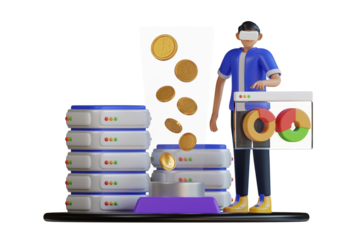 Man Wearing VR Headset Interacting With Database Servers And Financial Charts Illustrating Virtual Reality Security Concepts