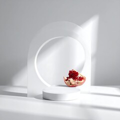 White podium display with pomegranate