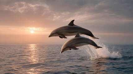 Two dolphins leaping from the ocean at sunset with a beautiful sky