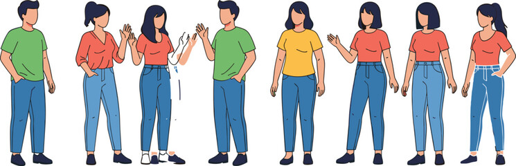 Obraz premium Cartoon diverse group, casual clothing, standing pose, blue jeans, colorful tops, social interaction, vector, illustration, fashion, character, people, frienity, diversity, 