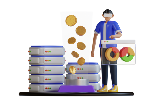 Man Wearing VR Headset Interacting With Database Servers And Financial Charts Illustrating Virtual Reality Security Concepts