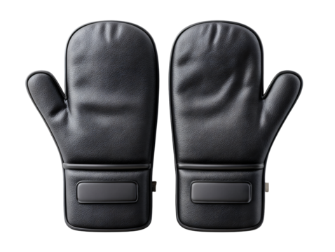 A pair of luxurious black leather oven mitts with a smooth, pebbled texture and subtle embossed details on the cuff. High-end kitchen protective gear.