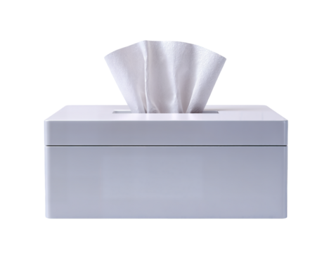A sleek, minimalist white rectangular tissue box cover with a single sheet of tissue protruding. Clean, modern home or office decor.