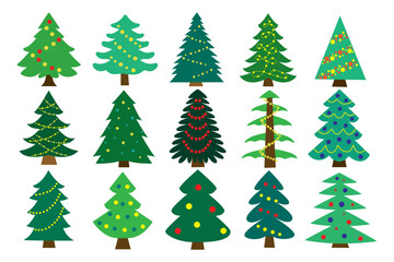 Christmas trees, floral silhouettes. Vector icons, Christmas trees with decorations and girls. Big set