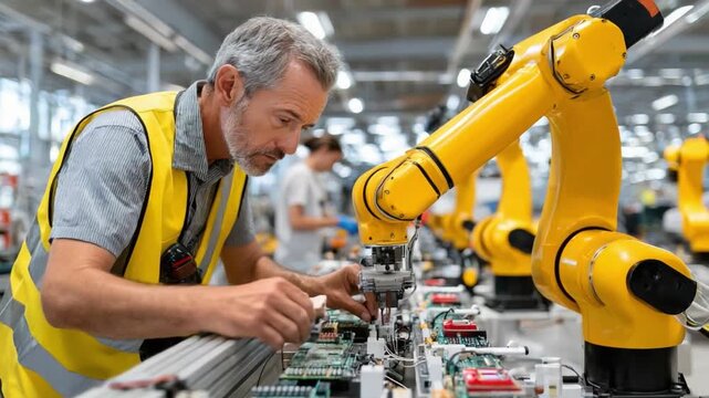 Man and Robot in Harmony: A focused factory worker meticulously examines and adjusts the robotic arm, symbolizing the fusion of human expertise and automation technology.