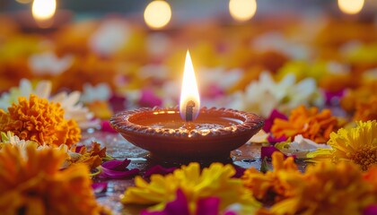 Close-up of a Brightly Lit Clay Diya Oil Lamp Surrounded by Marigold Flowers for Diwali Festival