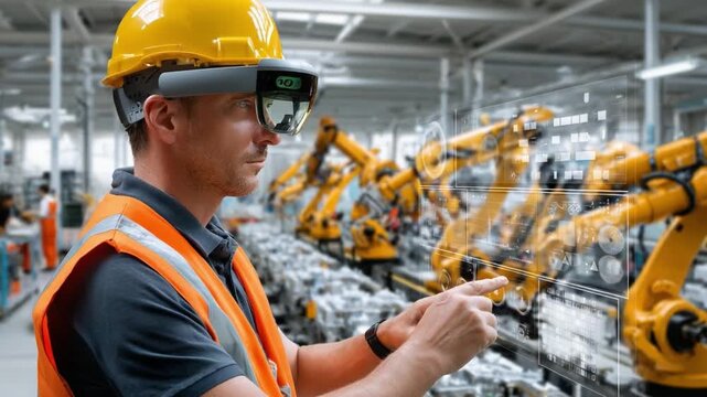 Innovation in Motion: A worker, using augmented reality glasses, expertly interacts with robotic arms in a state-of-the-art factory setting.