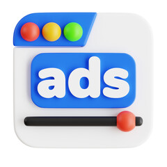 Modern advertisement graphic with the word ads in blue and red yellow green circles on a white background and a slider control symbolizing digital marketing promotions and online campaigns