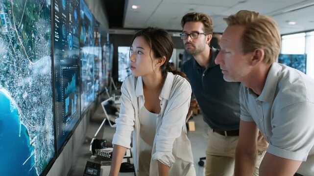 Team Observation: Three individuals attentively focus on a bank of screens, possibly analyzing data or monitoring a situation, emphasizing focus and concentration within a modern setting.