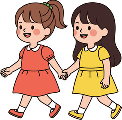 Cartoon girls walking, hand in hand, friendship, smiling, red dress, yellow dress, ponytail, long hair, vector, illustration, cheerful, child, companion, cute, 
