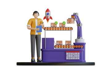 E-commerce Logistics Automation A Person Manages Shipping Packages on a Conveyor Belt with a Robotic Arm and Rocket Icon on a Transparent Background