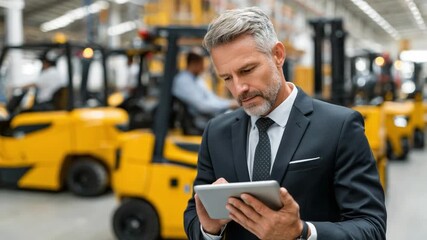 Inventory Manager in Warehouse: A focused inventory manager in a warehouse, intently studies his digital tablet amidst a fleet of forklifts.