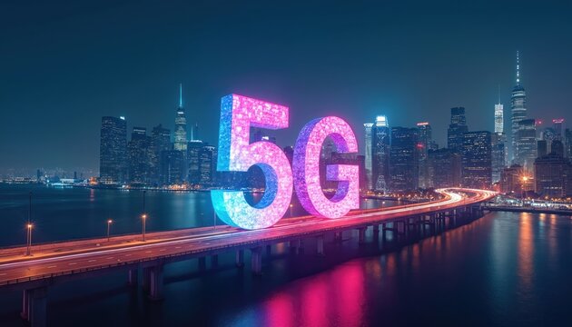 Colorful 5G symbol dominates futuristic cityscape view. Modern bridge with car light trails connects city parts. Wireless technology evolution concept for fast mobile network, data transmission