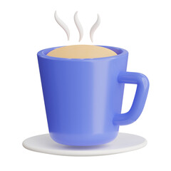 Blue Coffee Mug Filled with Hot Beverage Steam Rising From the Top on a White Saucer Isolated on Transparent Background 3D Render