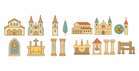 Church and cathedral icons set – flat, religious, architecture symbols for design
