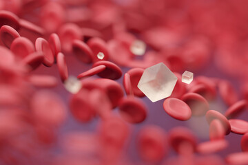 Hyperglycemia concept with a massive amount of red blood cells and sugar crystals in the bloodstream 3d render