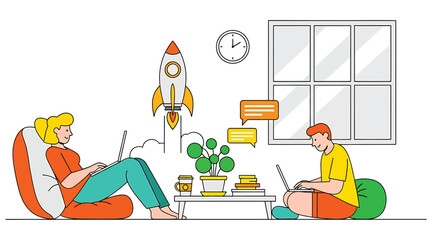 Vector art of creative workspace illustration featuring a man and a woman working on laptops with a rocket launch, symbolizing startup and innovation