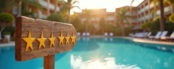 Wooden sign with five golden stars prominently points toward sparkling blue swimming pool. Large luxury resort hotel building, rich green palm trees visible in warm sunset light. Picture represents