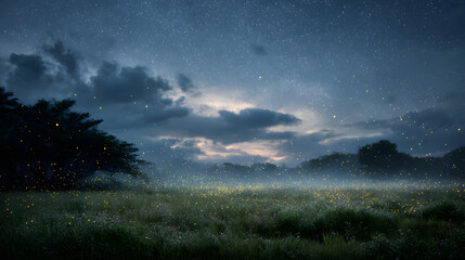 Fireflies dance over a misty meadow under a starry night sky