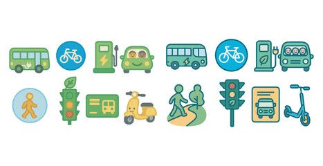 Eco-friendly transportation icons set – flat, sustainable, green travel symbols