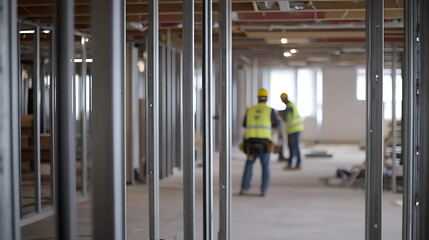 Interior Construction in Progress: Metal framework under construction. Two workers wearing safety vests blurred in the background. Room in progress.