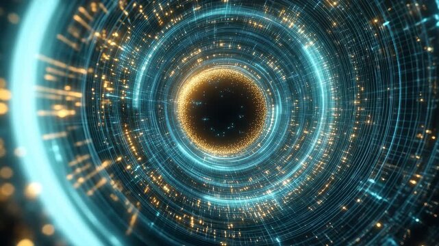 Abstract glowing blue and gold circular tunnel with particles, representing technology, data, or a wormhole 4k video