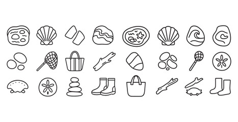Beach and sea outline icons set – coastal, line, shore vacation symbols