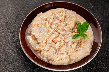 Canned crab meat seafood natural product tasty snack fresh delicious gourmet food background on the table rustic top view copy space pescetarian diet