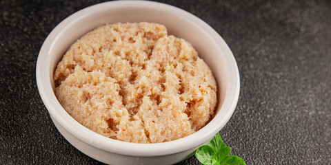 Canned crab meat seafood natural product tasty snack fresh delicious gourmet food background on the table rustic top view copy space pescetarian diet