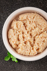 Canned crab meat seafood natural product tasty snack fresh delicious gourmet food background on the table rustic top view copy space pescetarian diet