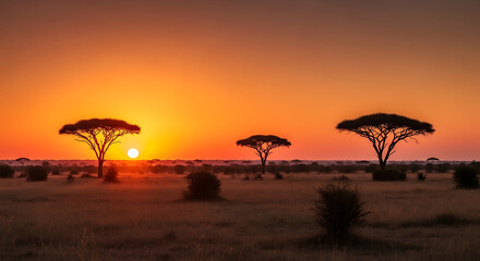 Golden Hour in African Savanna with Silhouetted Acacia Trees and Radiant Sun
